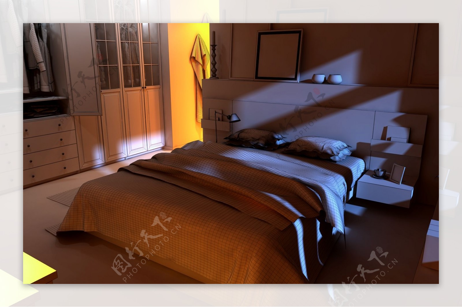 卧室空间晚间气氛表现线框图jpg图片