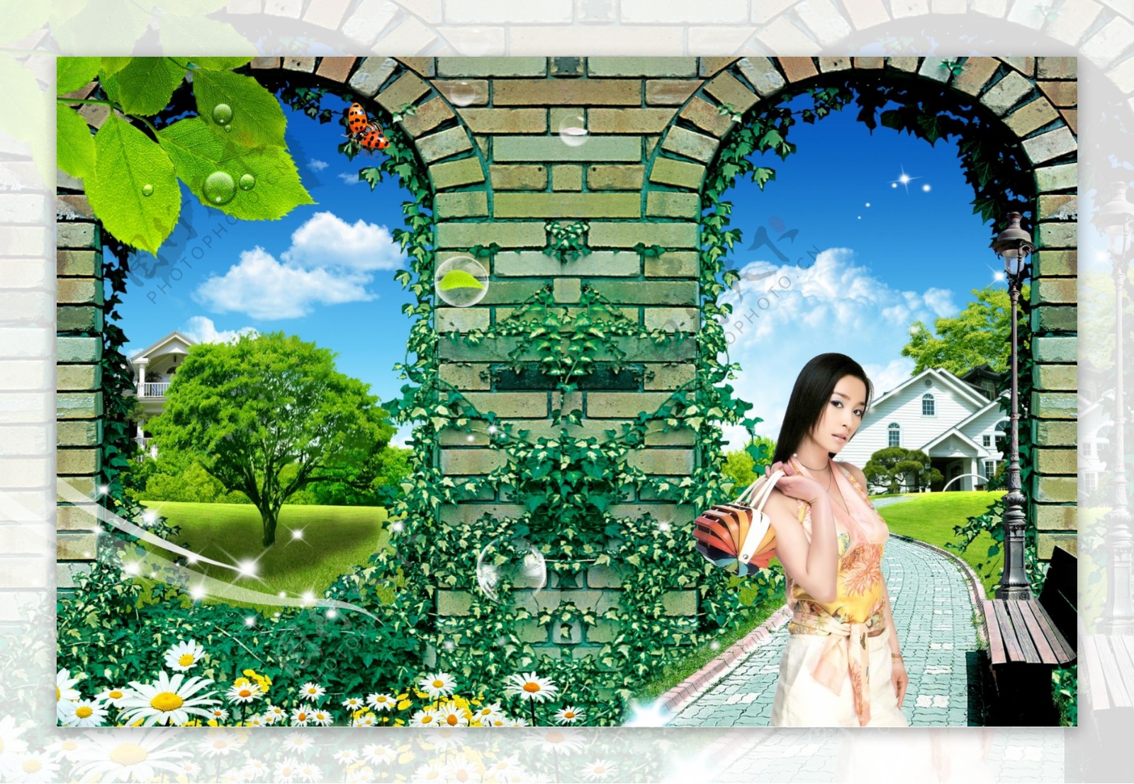 韩国美女地产广告墙时尚美女藤蔓植物别墅草地300dpi