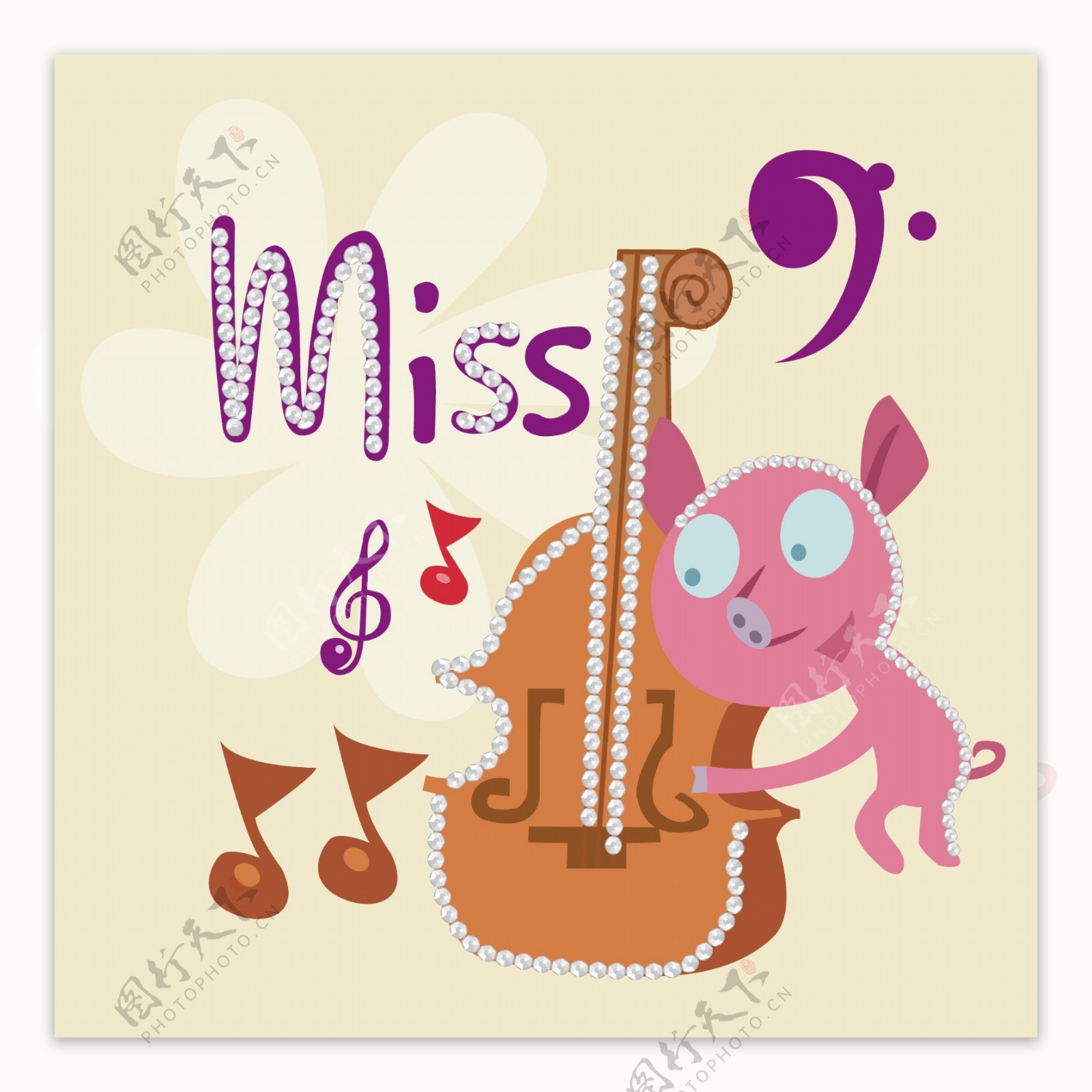 印花矢量图可爱卡通卡通动物小猪大提琴免费素材