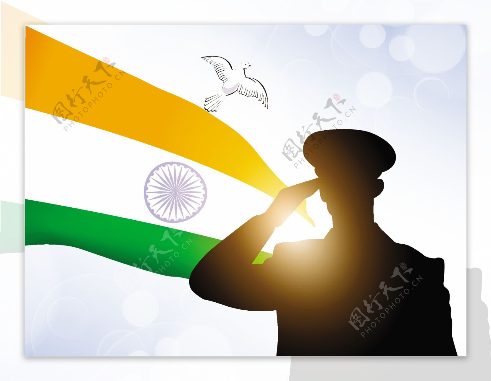 向士兵剪影印度挥舞旗帜的背景