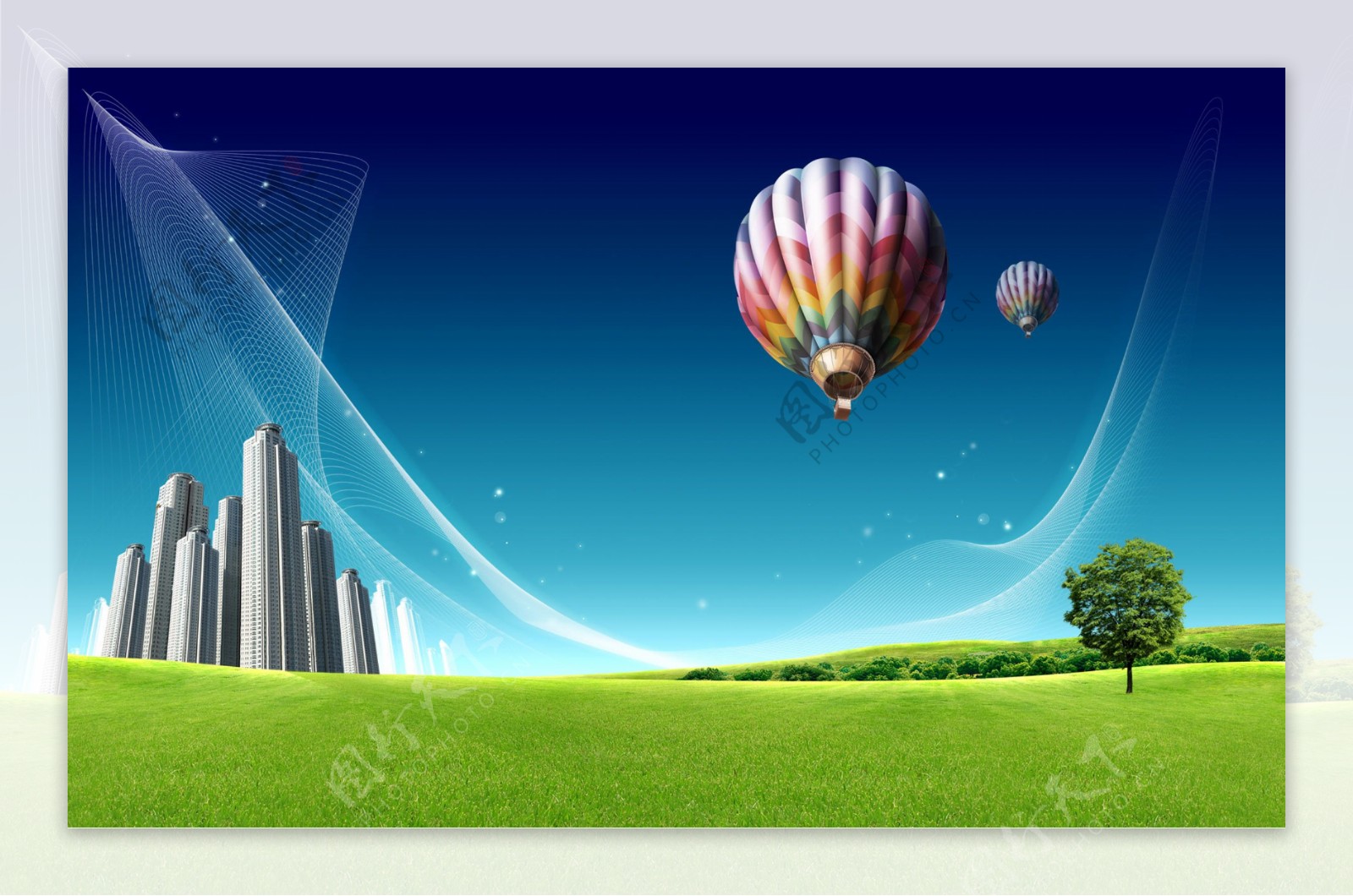 蓝天绿地热气球背景图