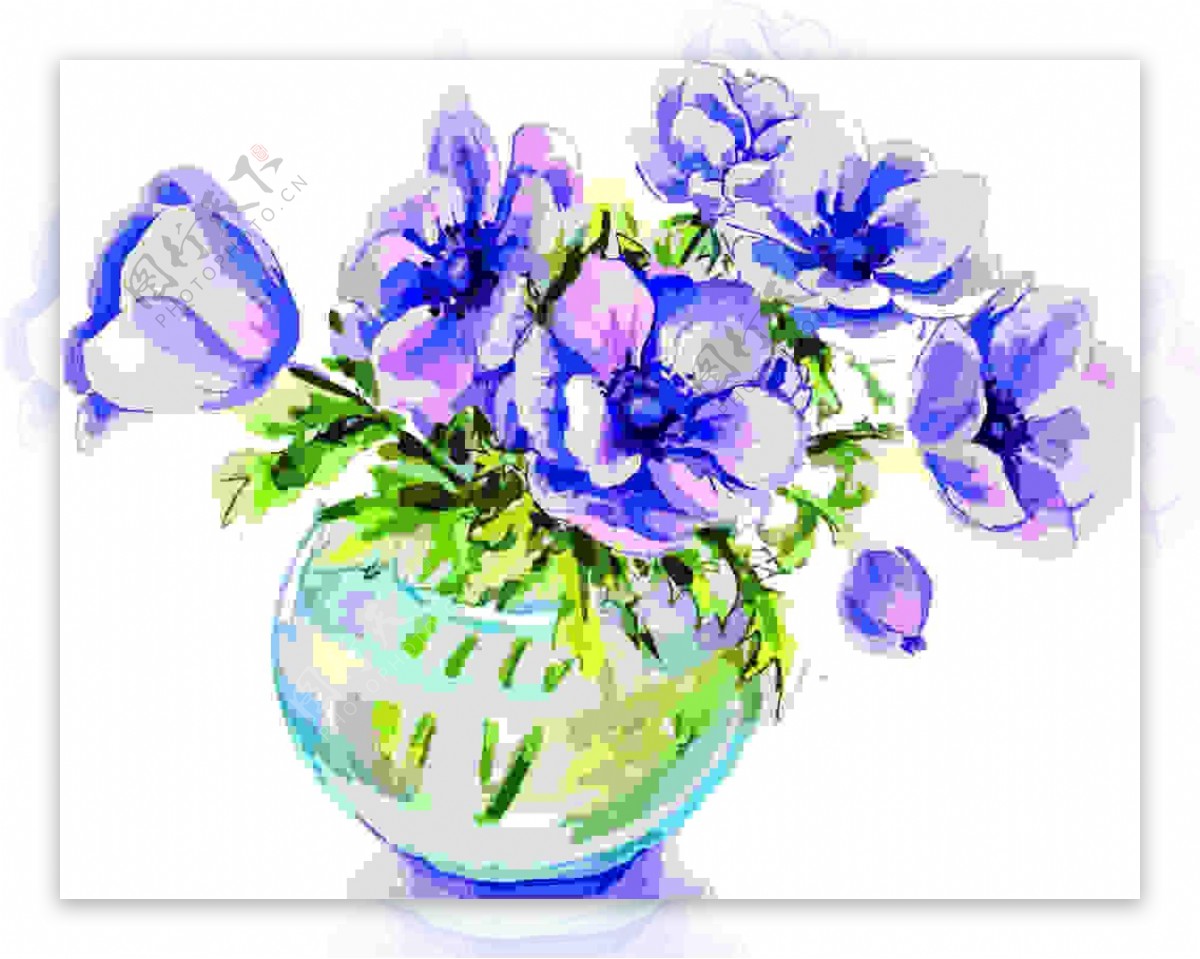 紫色水彩花朵插花矢量图