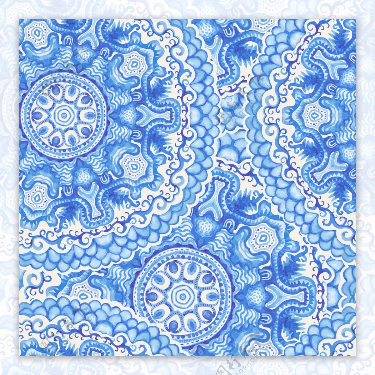 无缝桌巾水彩矢量Gzhel图案装饰的白色和蓝色水彩插画桌布图案装饰矢量Gzhel