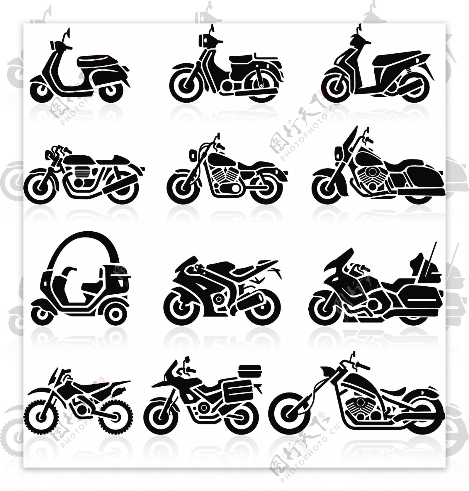 不同的摩托车剪影矢量图像