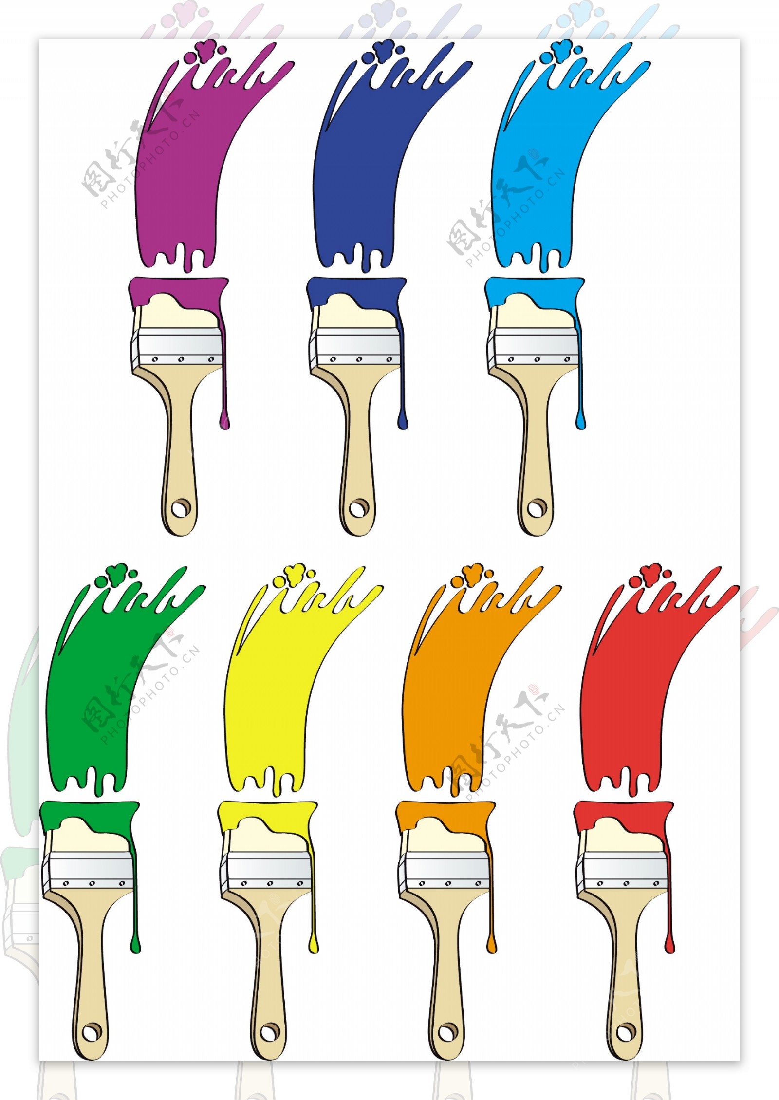 不同颜色的油漆刷01矢量图