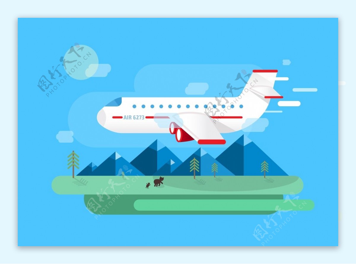飞机与山脉草地扁平化矢量设计图片