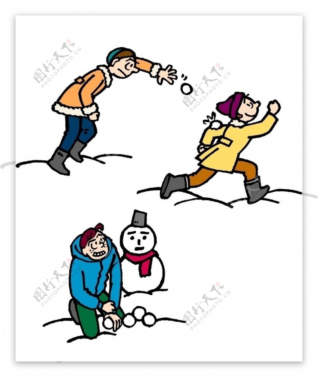 快乐游戏打雪仗雪人冬天三个儿童图片