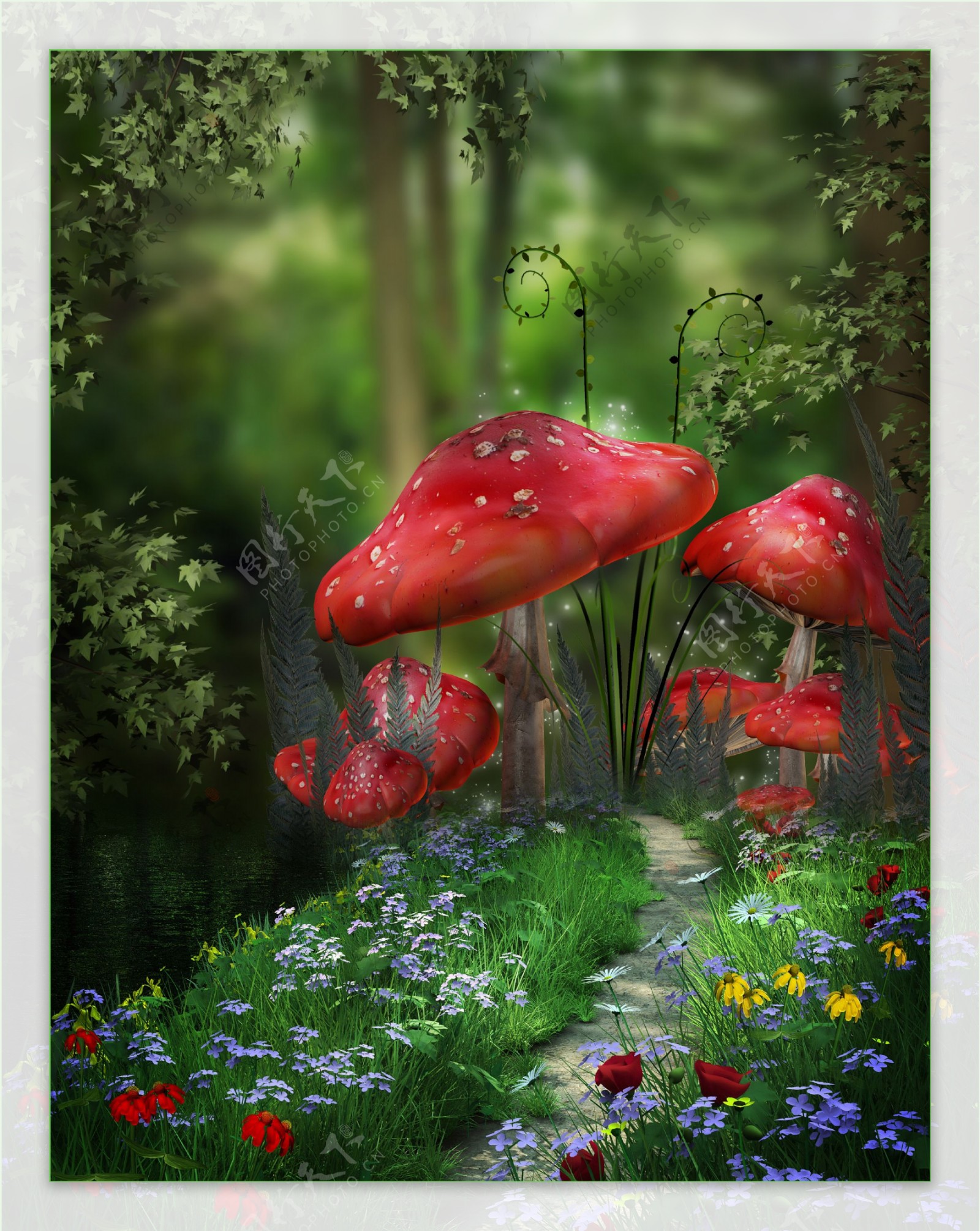 蘑菇树童话背景林间小路红花图片
