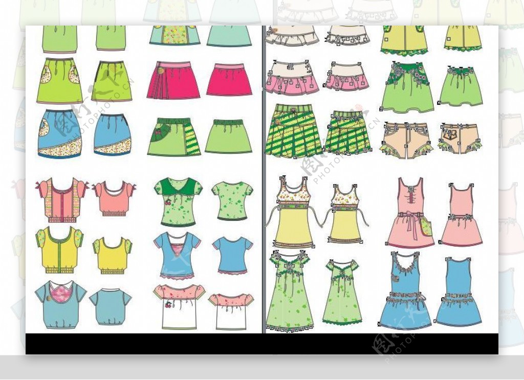 40套儿童女性时尚衣服裤子裙子背心等正反矢量图片