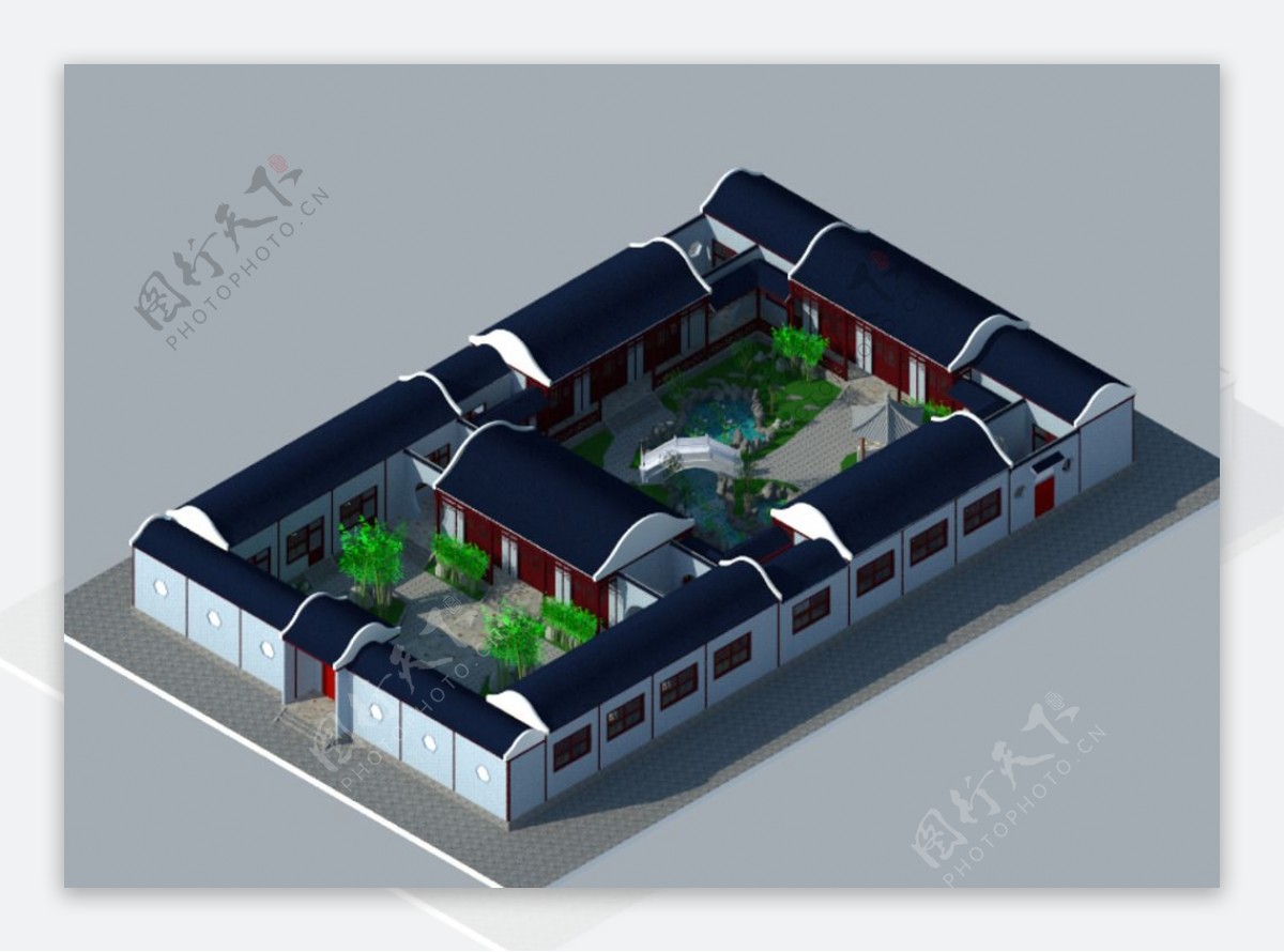 超精细仿古两重四合院3D模型图片