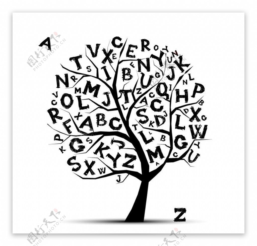 素描字母花纹树木图片