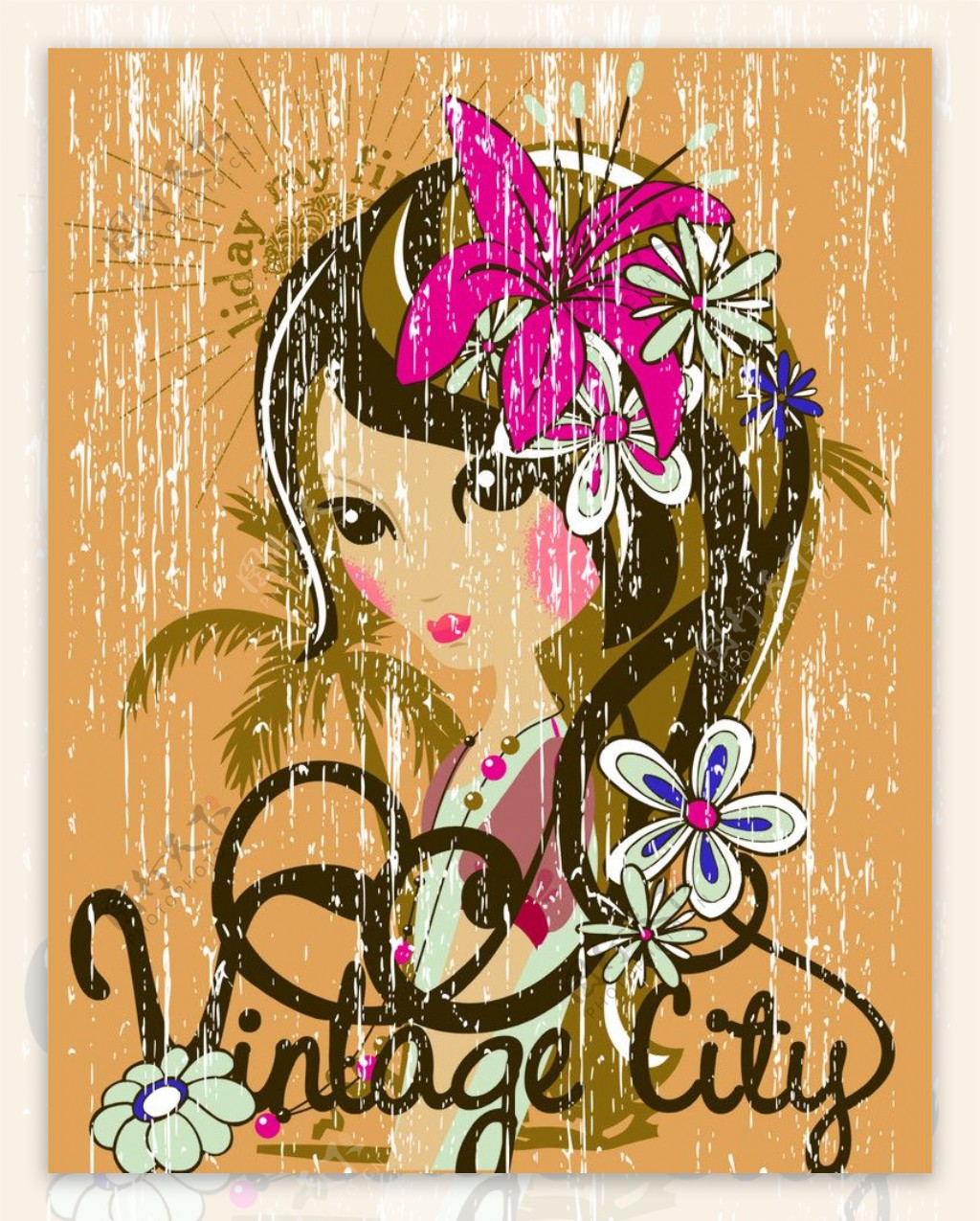 夏威夷花美女文字组合抽象图案女装印花图图片