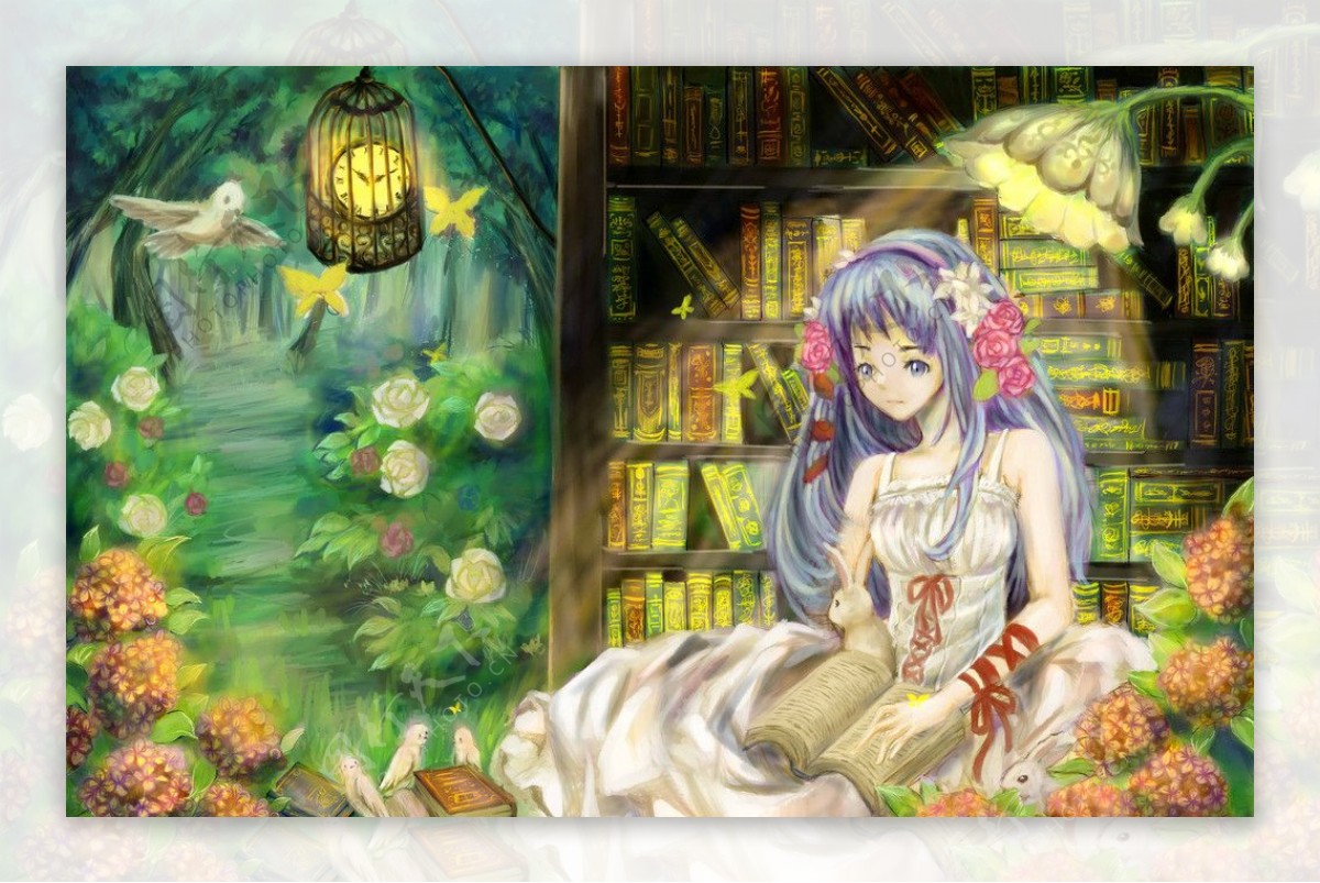森林少女与书架图片
