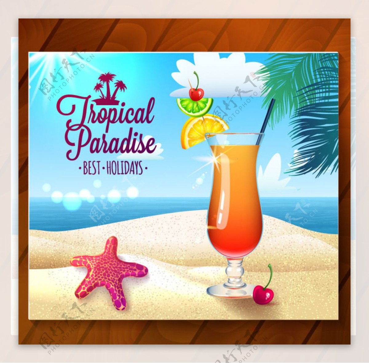 夏日沙滩鸡尾酒背景矢量素材图片