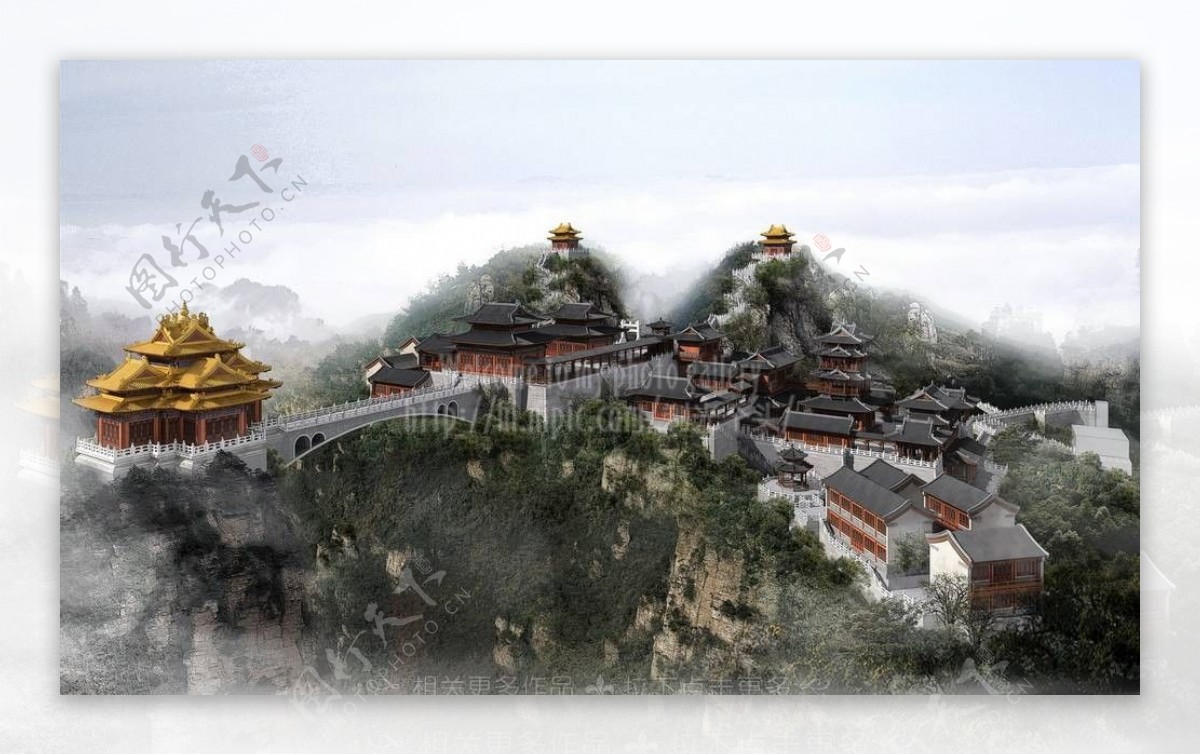 佛寺庙山顶鸟瞰图图片