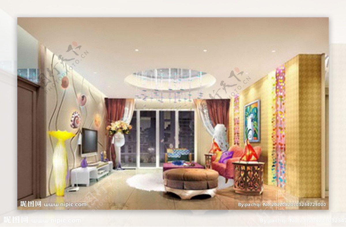 现代多色彩宽敞客厅模型图片
