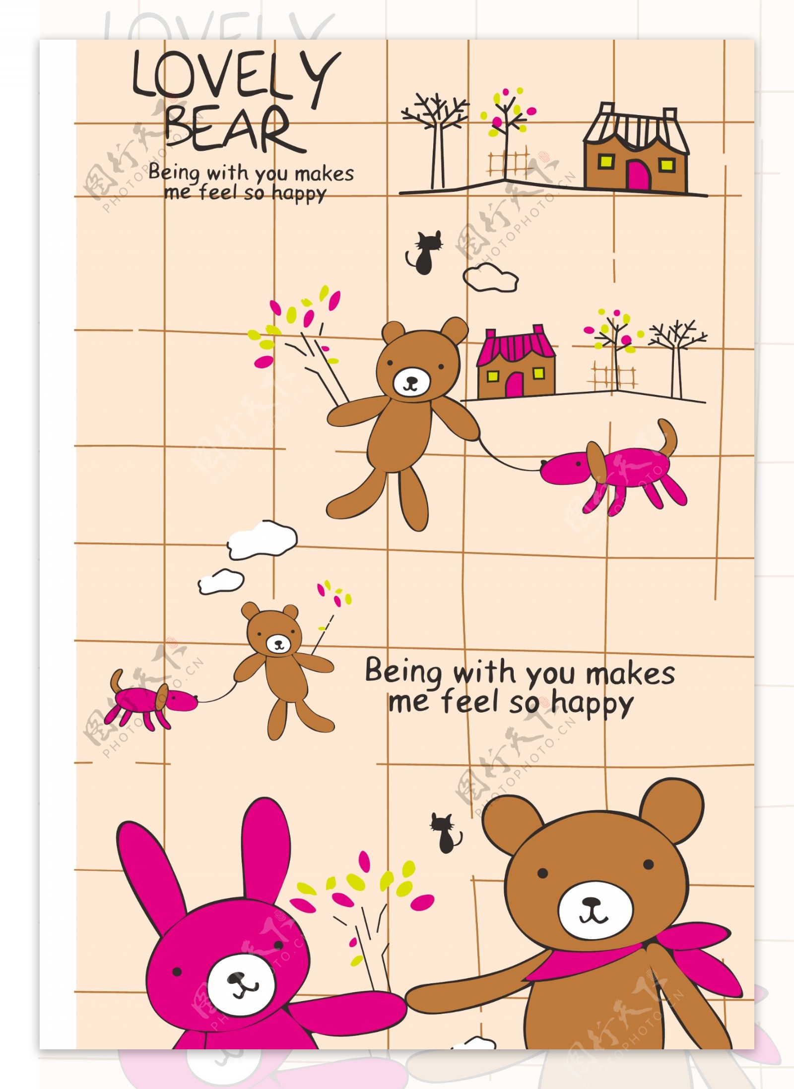 韩国卡通小兔小熊小狗花纸图片