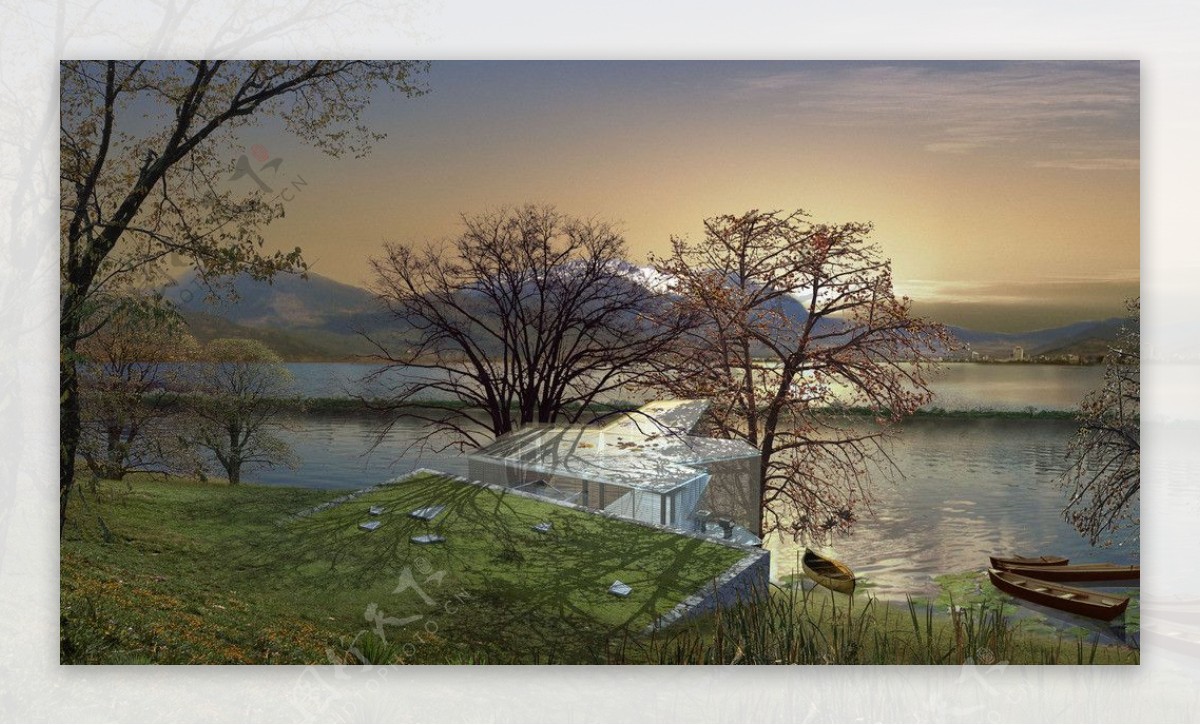 湖边休闲别墅环境设计图片