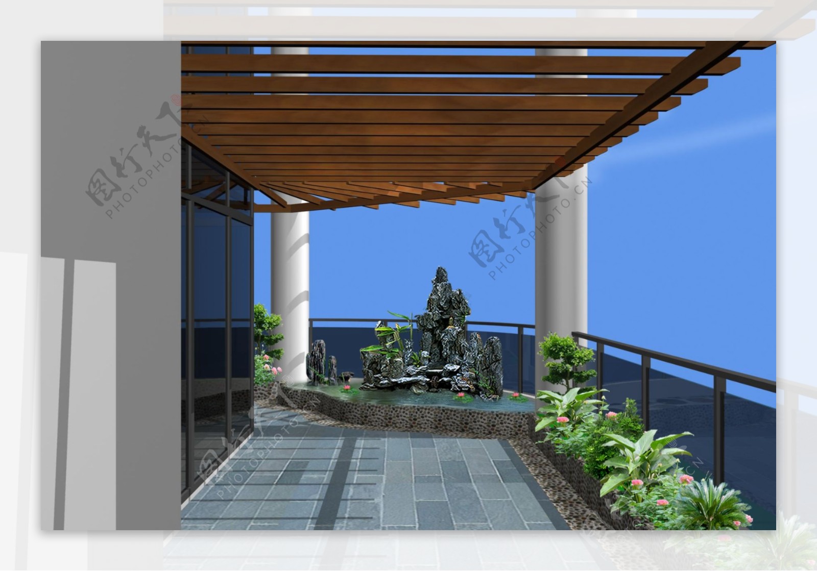 阳台防腐木花架假山景观图片