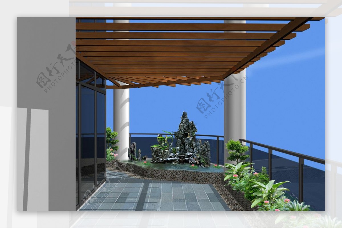 阳台防腐木花架假山景观图片