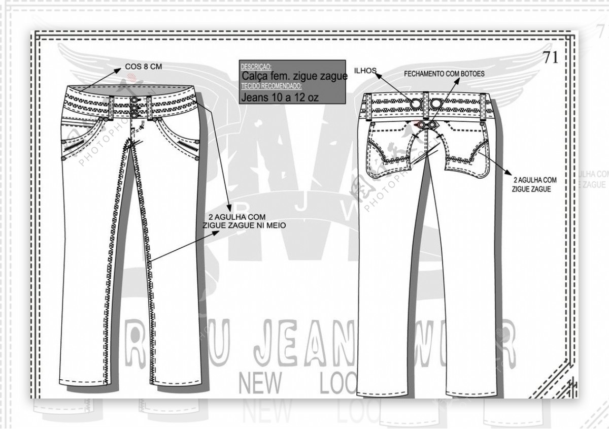牛仔裤设计手稿宽腰头双冚车线图片