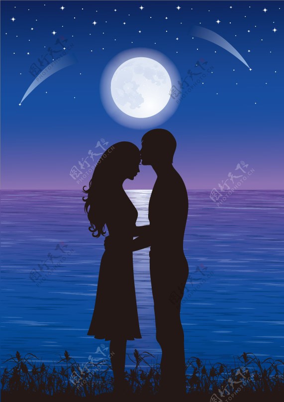 夜空圆月下的甜蜜情侣图片