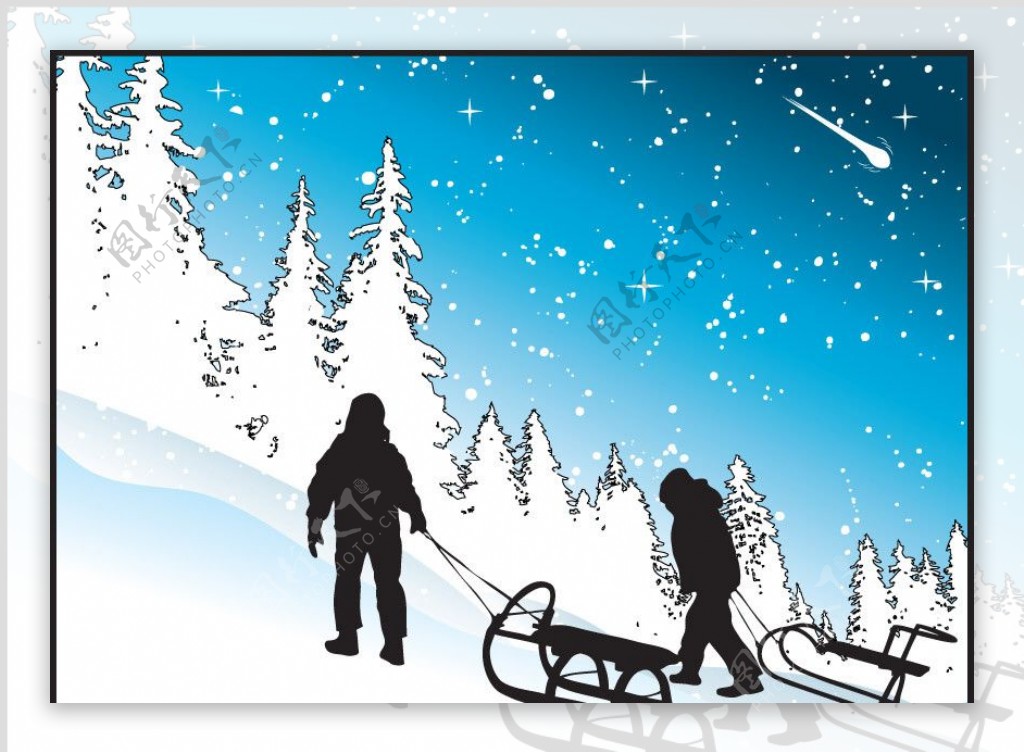 高山雪橇运动白雪人物剪影图片