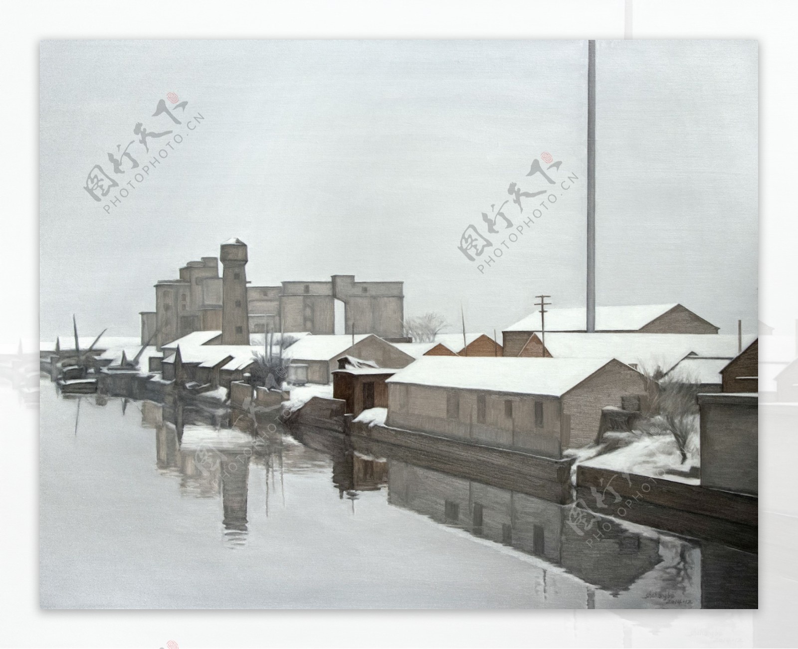 油画老厂房的雪景图片