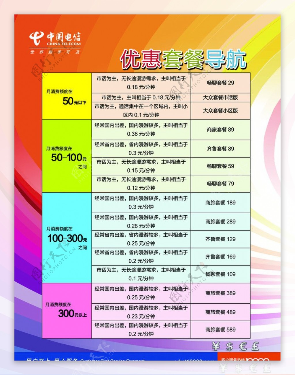 电信天翼单页16k表格设计模板资费导航前卫时尚多彩图片