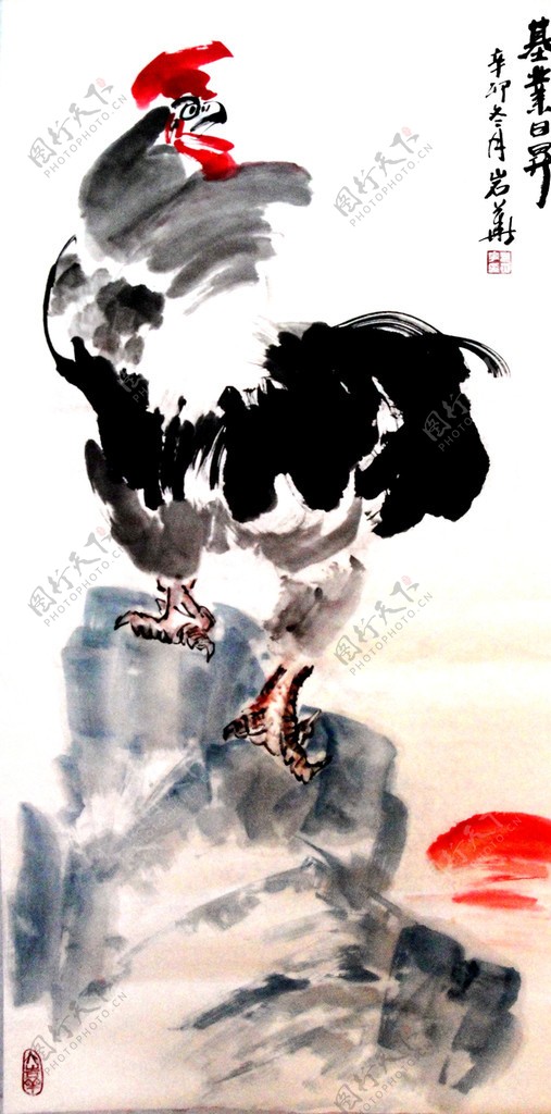 雄鸡起舞水墨中国图片
