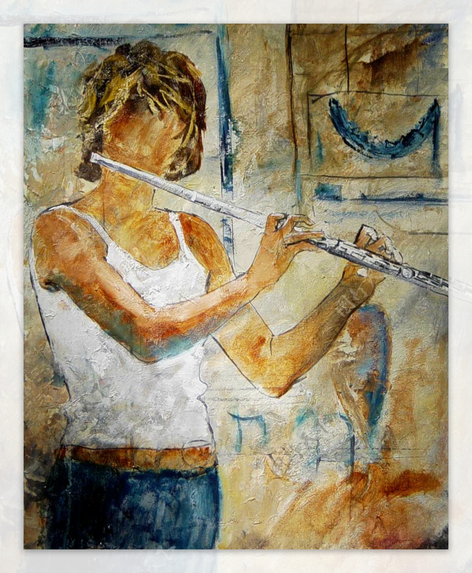 油画吹长笛的男人图片