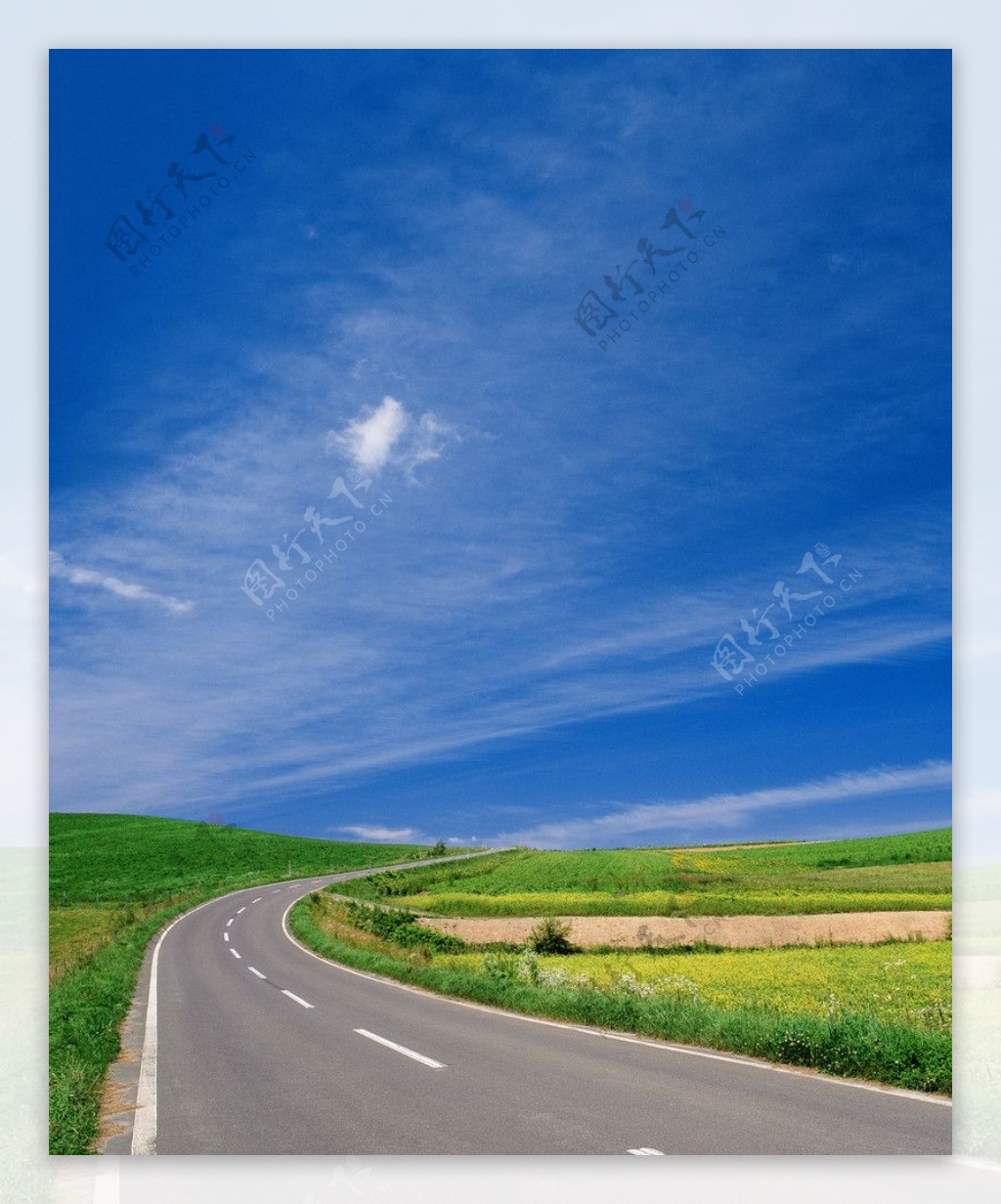 公路旁草地与蓝天风景图片
