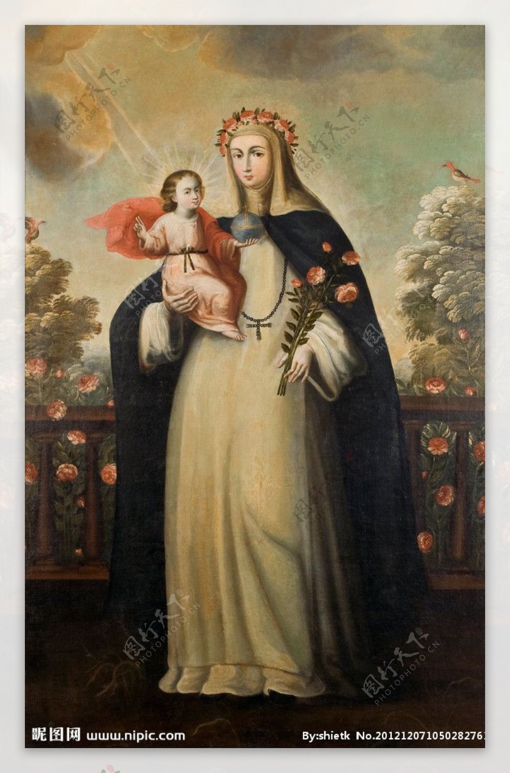 圣利玛手持玫瑰怀抱圣婴耶稣图片