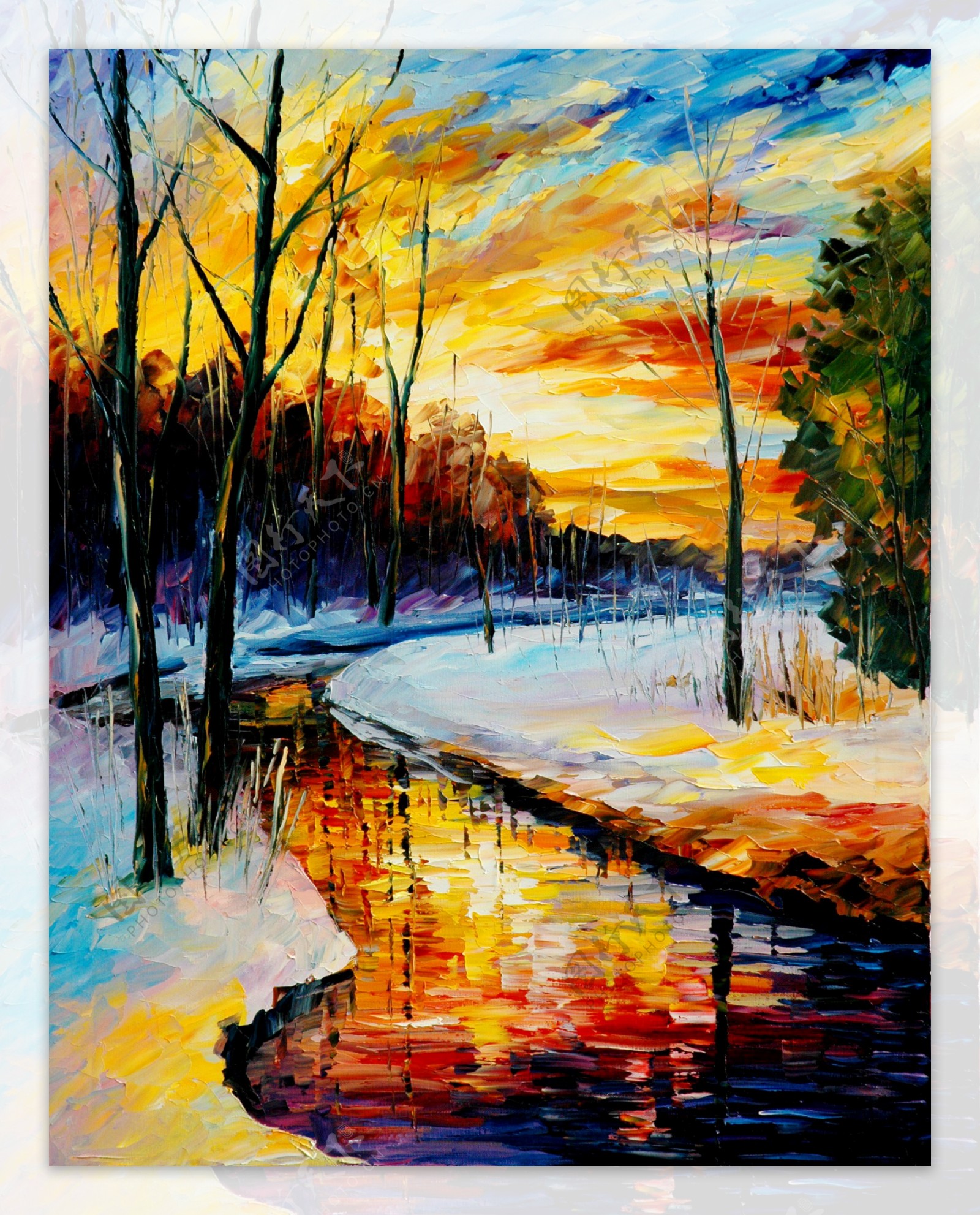 油画冬天河流图片