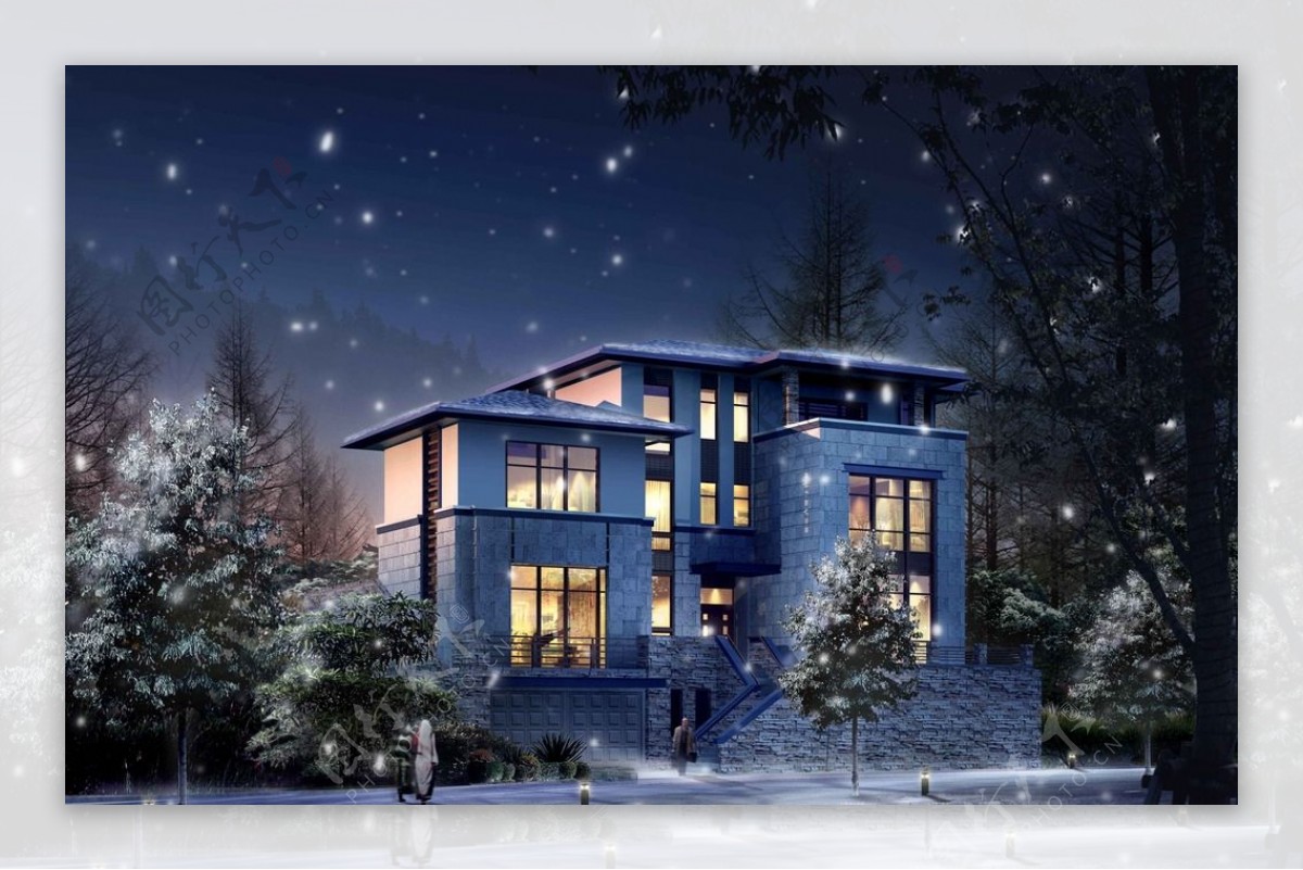 三层小别墅雪景夜色效果图psd图片