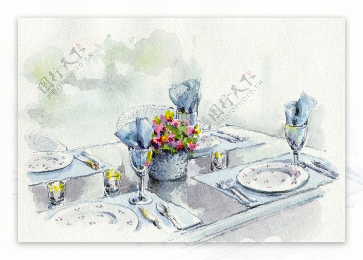 水粉餐桌素描图片