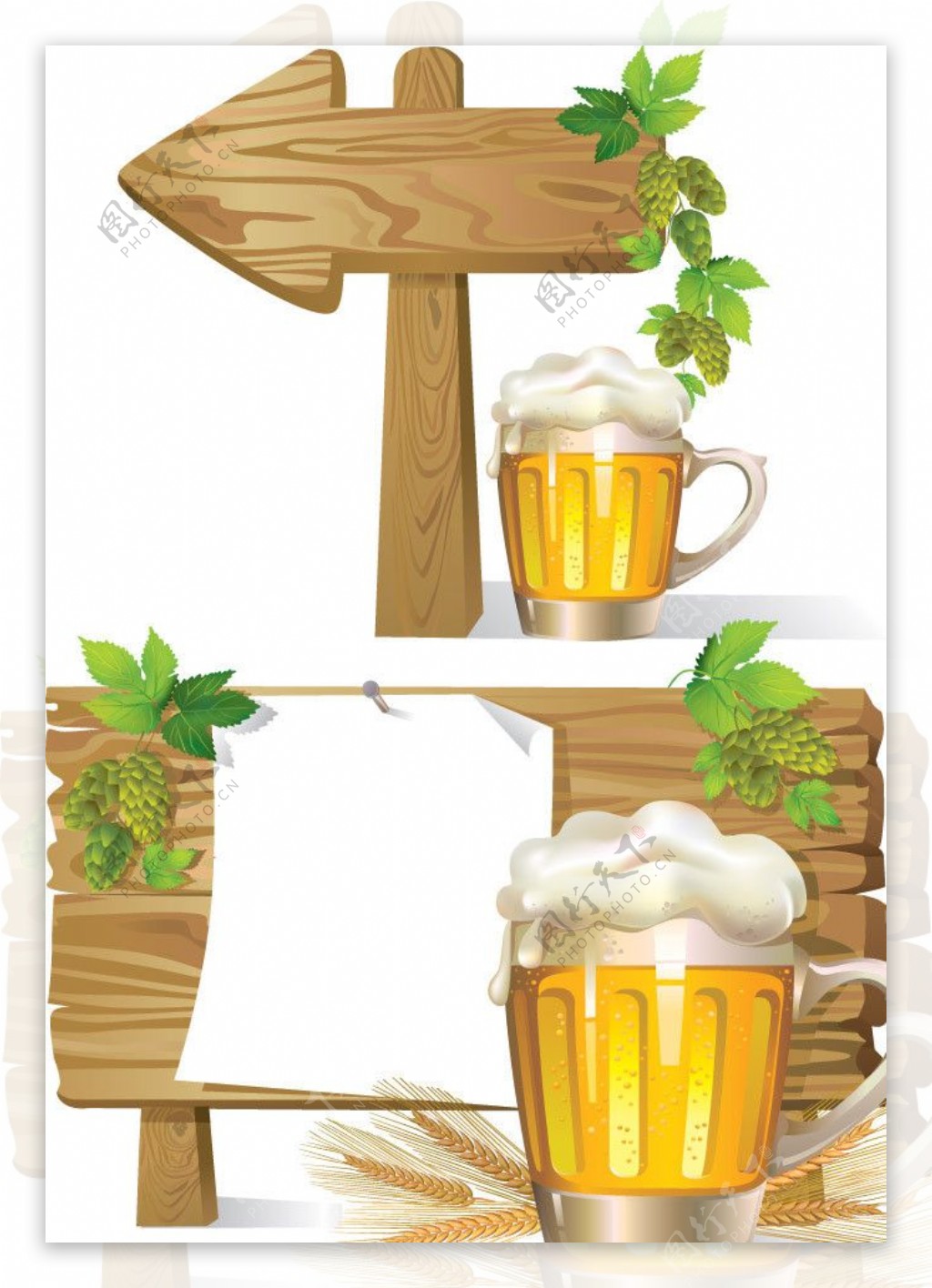 木板指示牌绿叶啤酒图片
