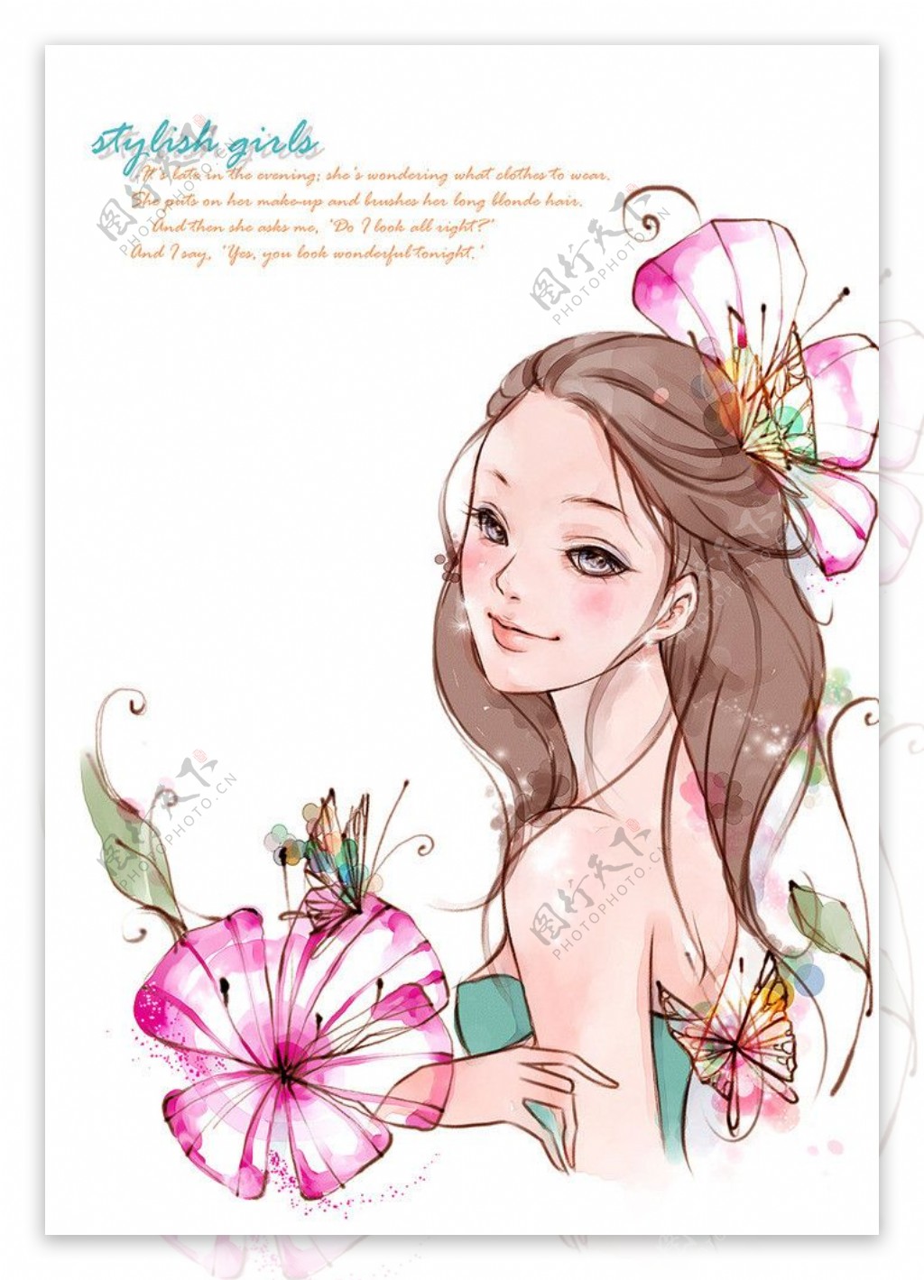 韩国少女与花插画图片