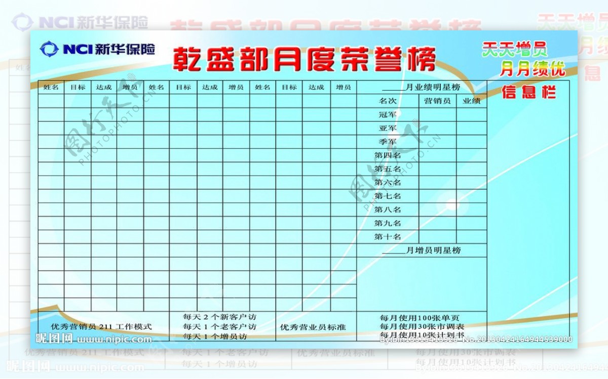 新华保险月度荣誉展板图片