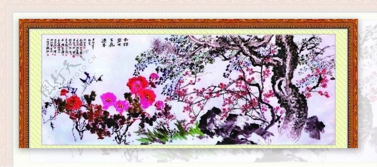 国画梅花松树牡丹图片