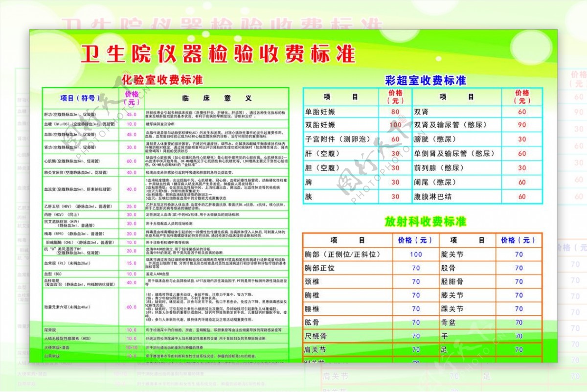 卫生院检验仪器收费标图片