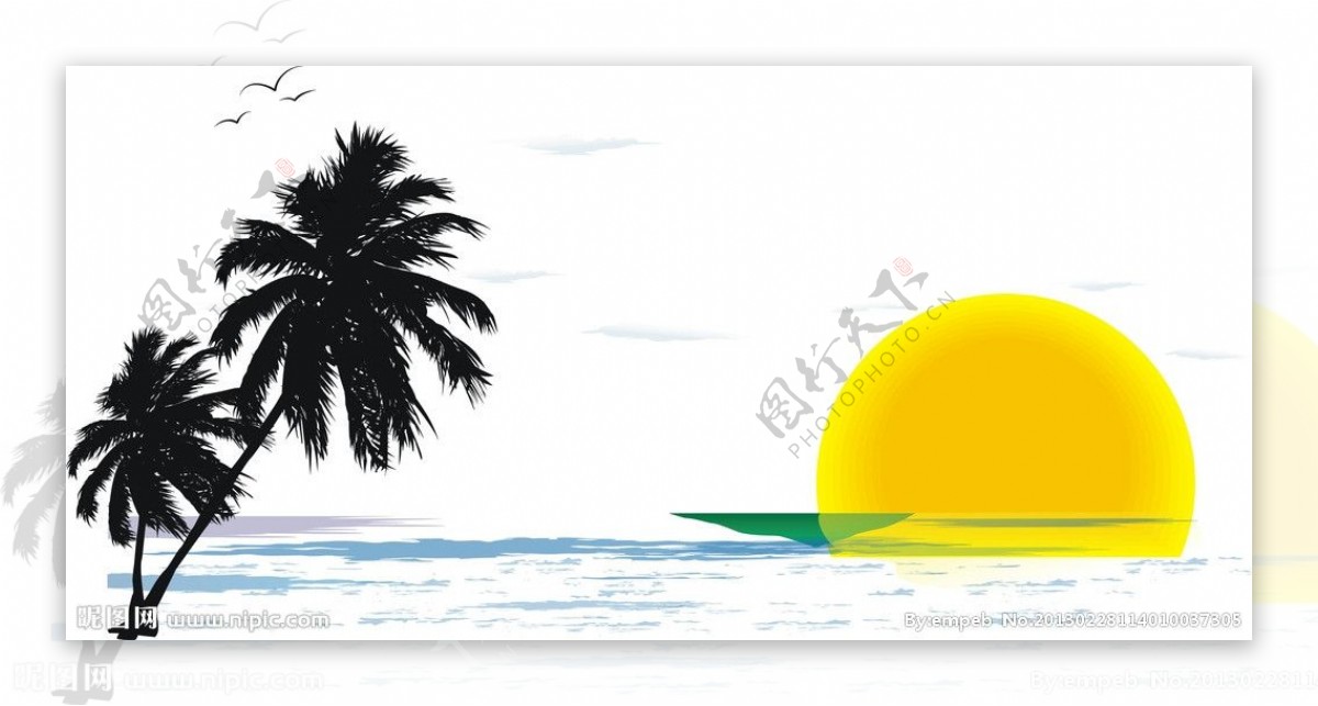 海边椰树太阳海鸥海水矢量图图片