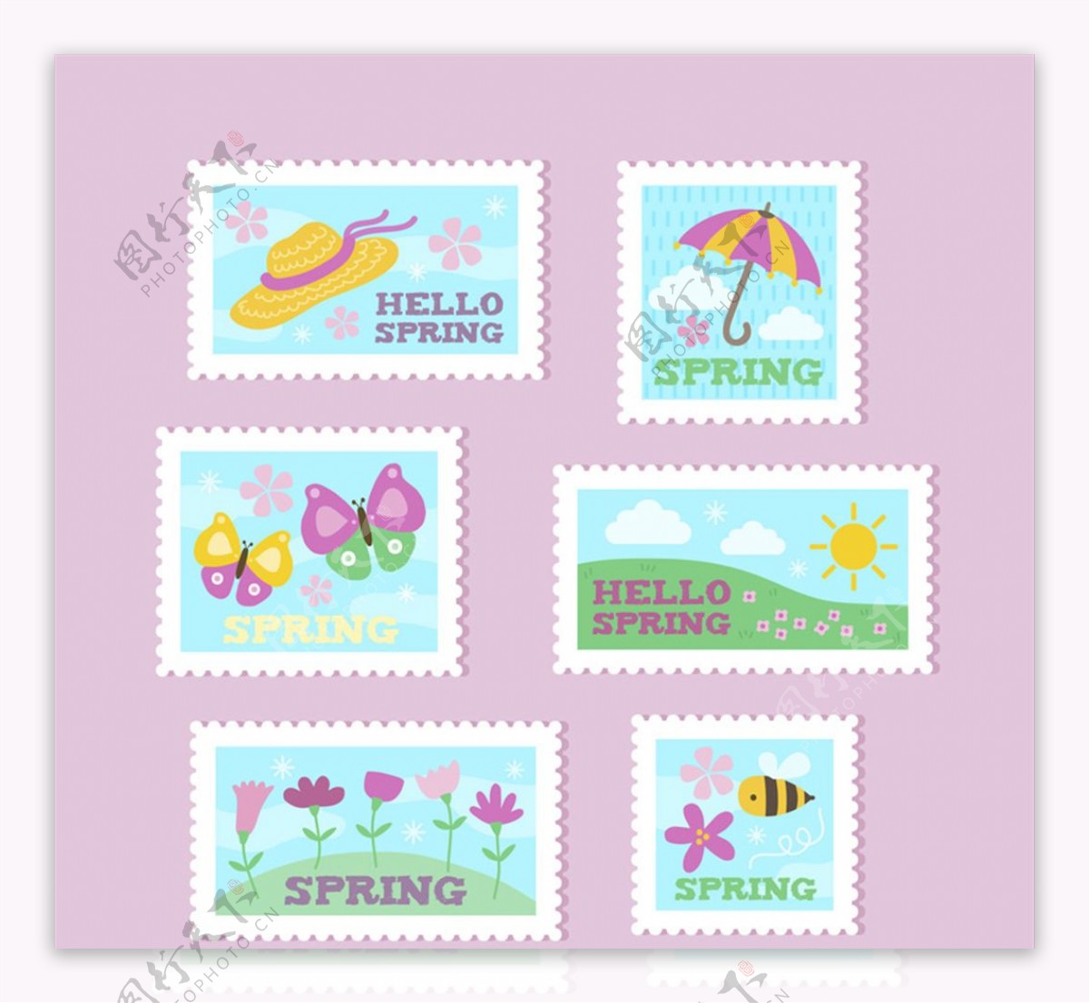 6款彩色春季邮票矢量素材