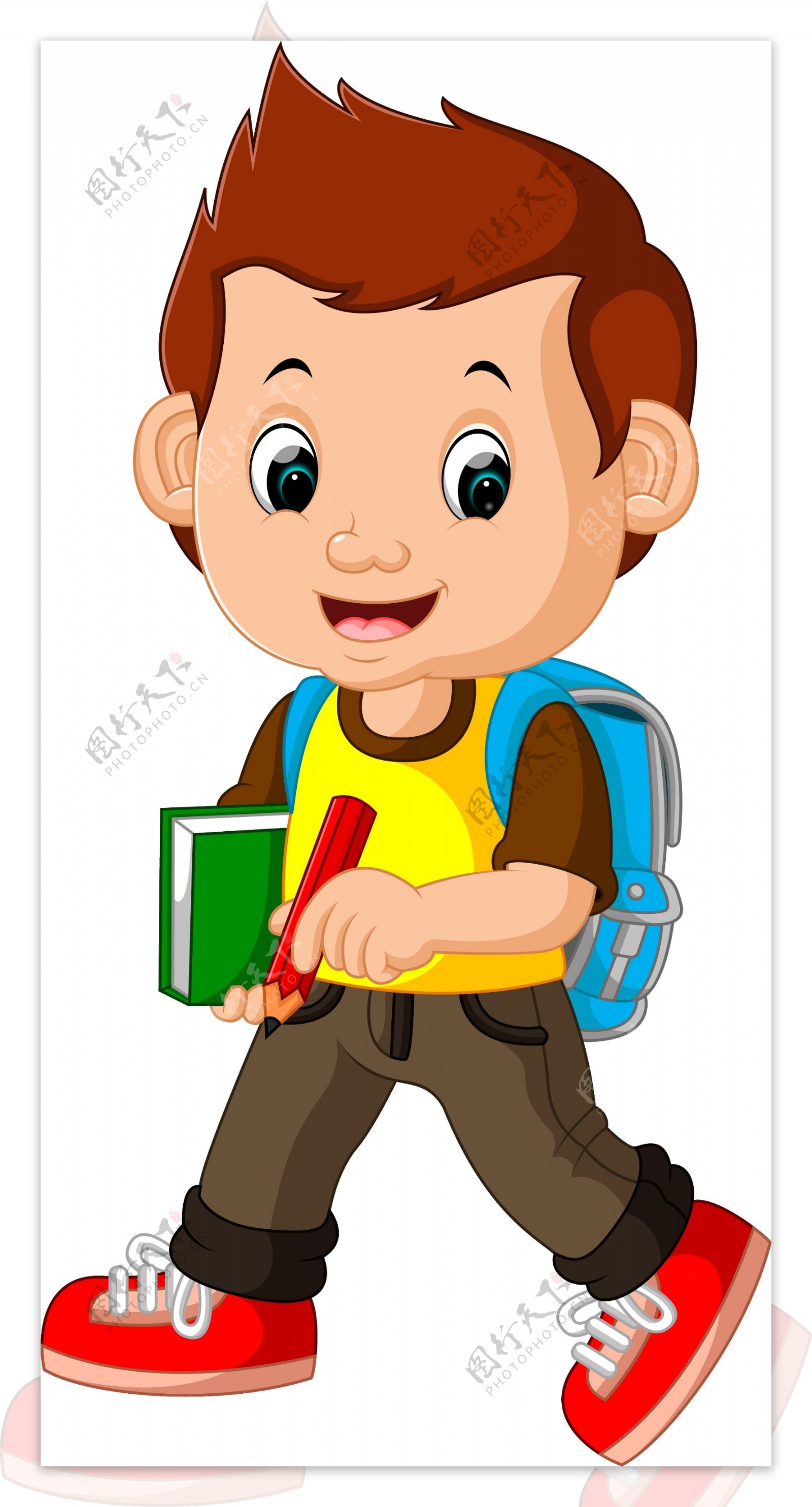 背着书包拿着铅笔的小男孩