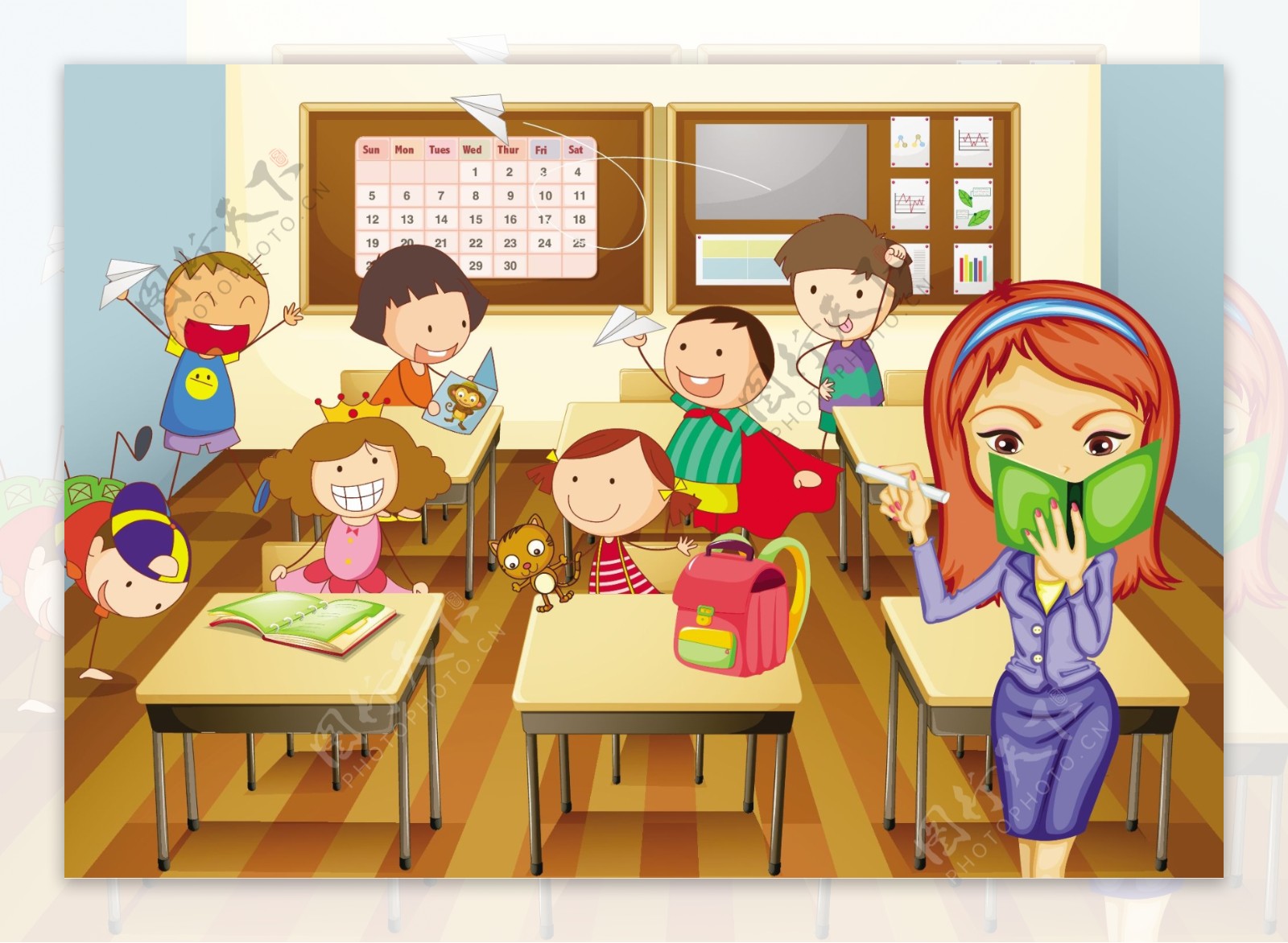 卡通教室插画女老师与学生矢量