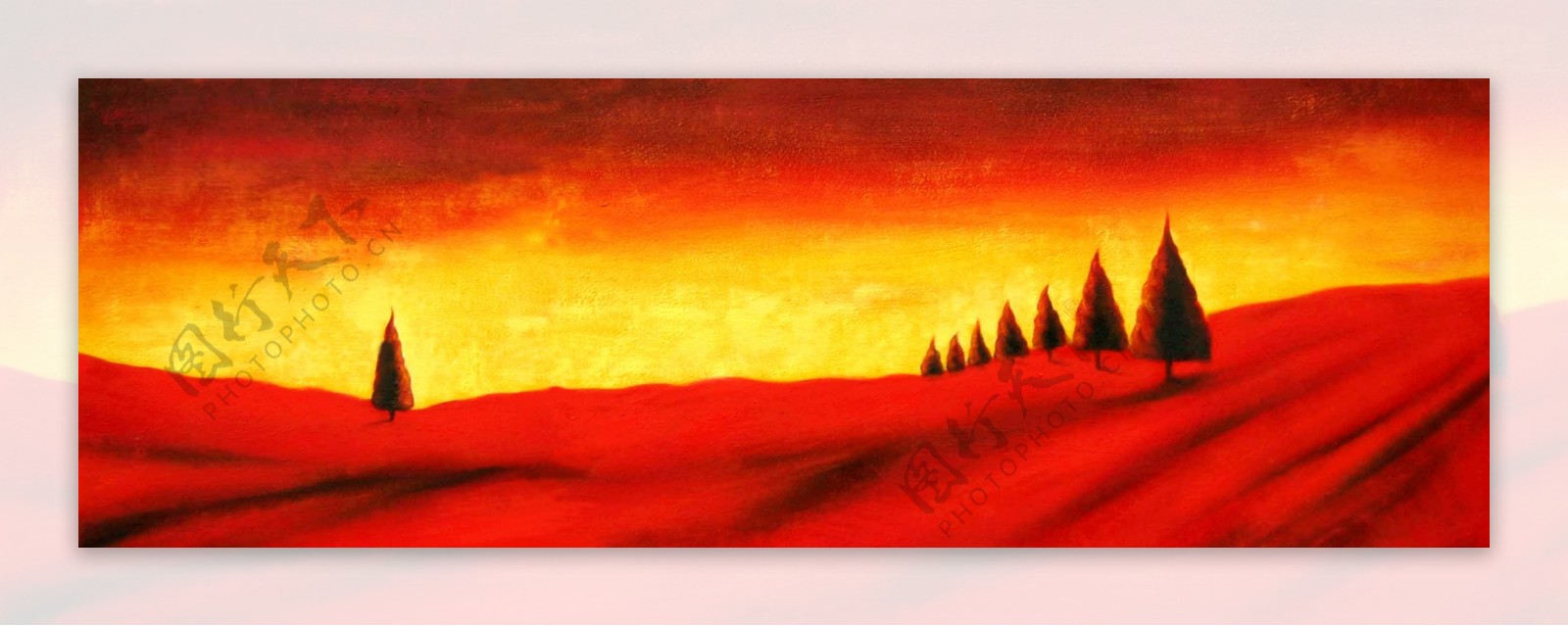 红色远山油画装饰画