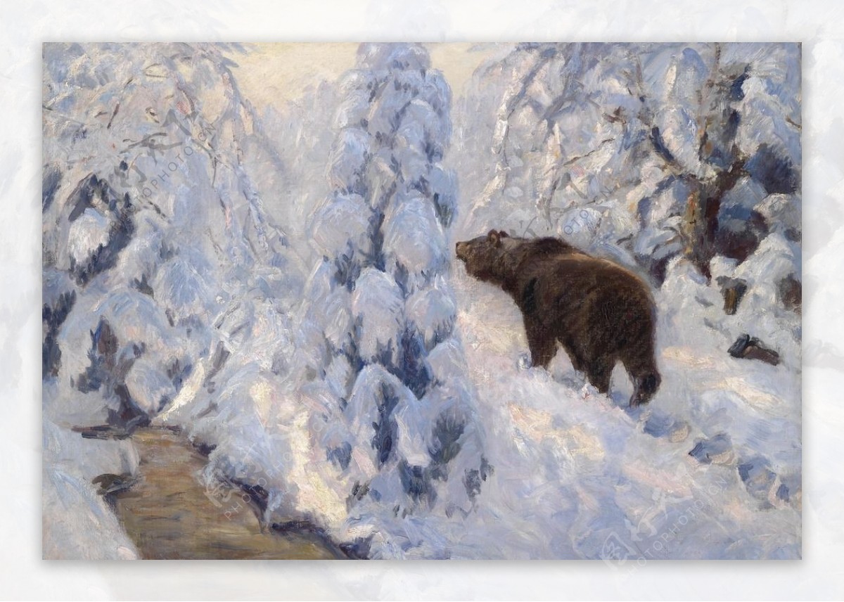 欧洲雪地熊油画