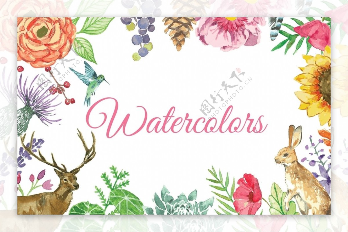手绘水彩小动物花卉卡片
