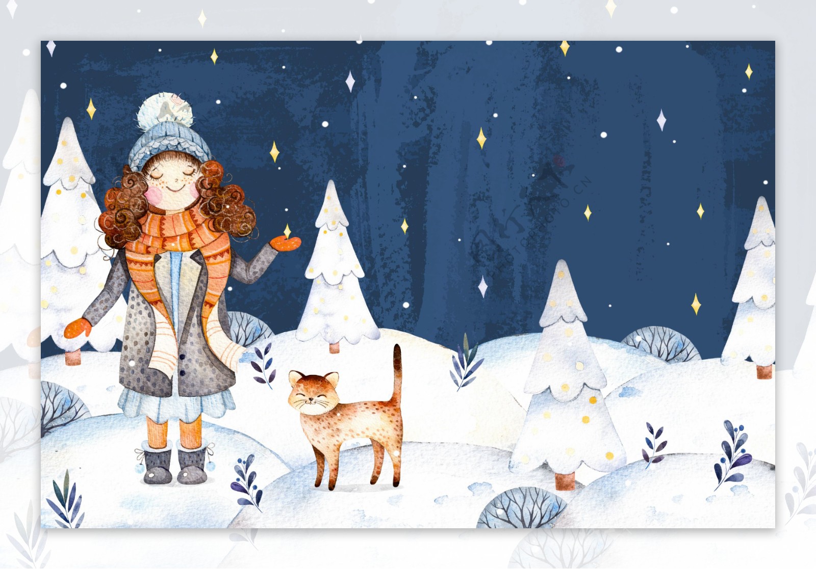 雪地里的小女孩和小猫