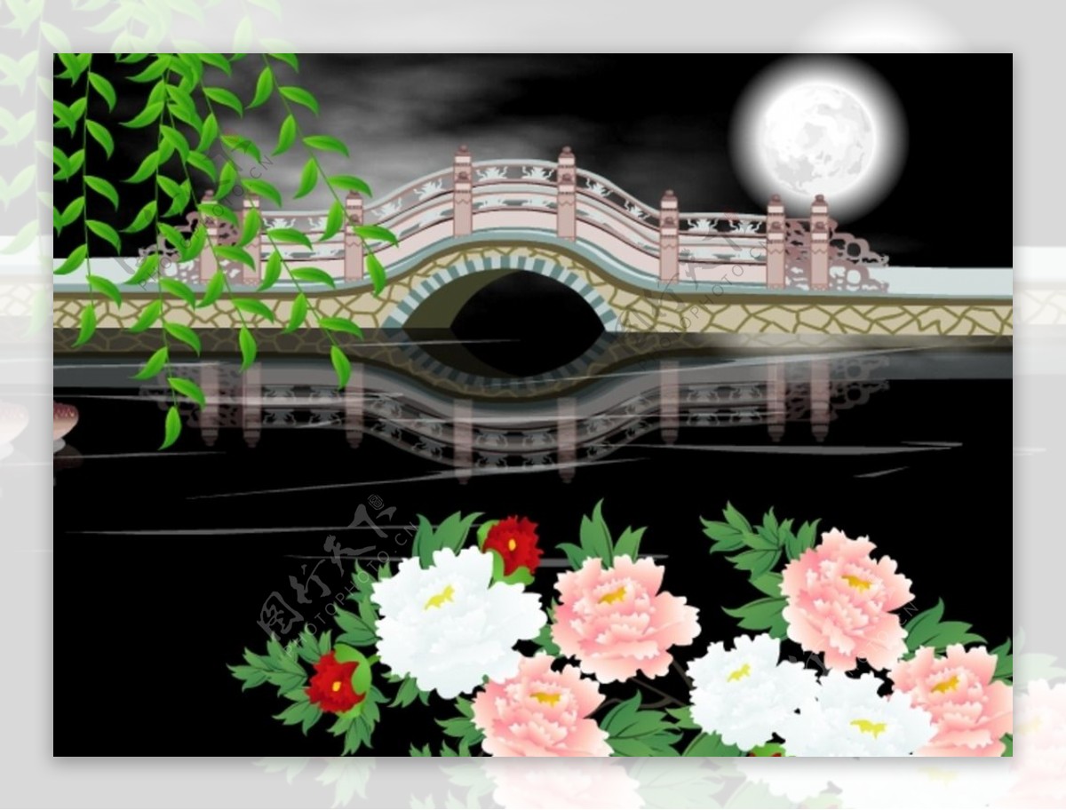 明月桥鸳鸯牡丹柳枝